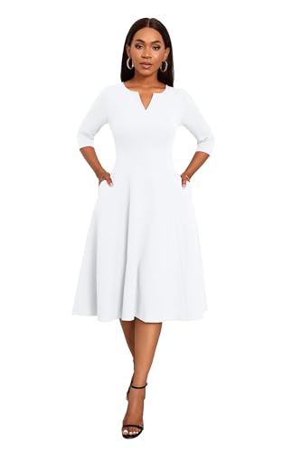 Image of Nmoder Midi Dresses for Women A-Line Fit and Flare Dress 3 /4 Sleeve V Neck Cocktail Wedding Guest Work Dress with Pockets