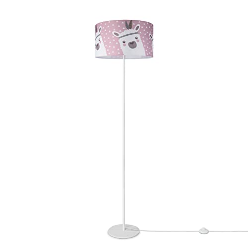 Paco Home Kinderlampe Stehlampe LED Kinderzimmer Lampe Mit Lama-Motiv Stehleuchte E27, Lampenfuß: Einbeinig Weiß, Lampenschirm: Pink (Ø38 cm)