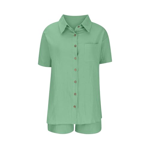 Two Piece Outfit Women Summer Co Ord Sets Short Sleeve Button Down Shirts Sports Shorts With Pockets Casual Tracksuit Travel Outfit Lounge Sets (UK, Alpha, S, Regular, Regular, 01#Army Green) - Image 6