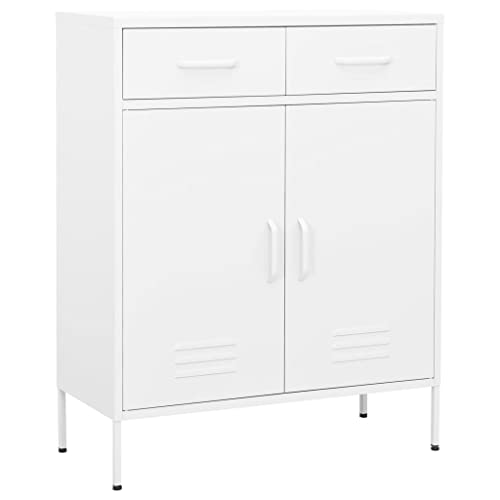 Holamys Armario de almacenamiento, blanco, 80 x 35 x 101,5 cm, armario de acero resistente con 2 puertas, 2 cajones, estante ajustable, espacio de almacenamiento versátil para el hogar, la oficina