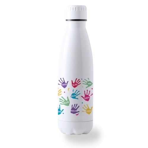 Botella Profesora Personalizada 700ml Acero Inoxidable. Bidón con Diseño Original Divertido para Fin de Curso. Regalo Profesor Maestra Seño Tutor con Nombre y Alumnos. (Manos pinturas niños)