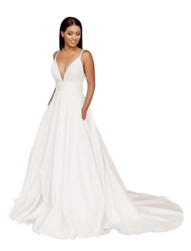 A Line Spaghetti Straps Wedding Dress for Bride Long Train Satin Deep V Neck Bridal Gown with Pockets Ivory US8