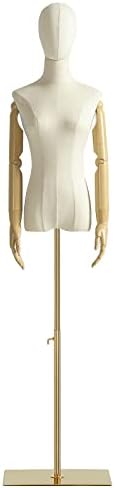 Female Mannequin Dress Form Torso, Display Mannequin Body with Detachable Head, Wooden Hands and Golden Adjustable 55”-80” Height Stand, for Dress Jewelry Display, Beige