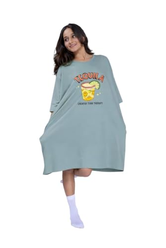 Image of LAMA STORE Women's Printed Oversized T-Shirt Dress, Cotton, 3 /4 Sleeve Length, Casual Loose Fit, Comfort Wear Extra Comfy Oversized Printed Pocket T-Shirt Dress