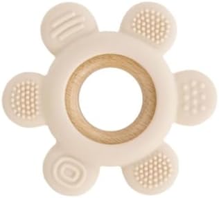 Jané Beißring aus Silikon und Holz, leicht zu greifen, Beißspielzeug mit 6 Texturen, BPA-frei, ab 3 Monaten, geeignet für Sterilisator, Gefrierschrank, Spülmaschine, Sandfarben