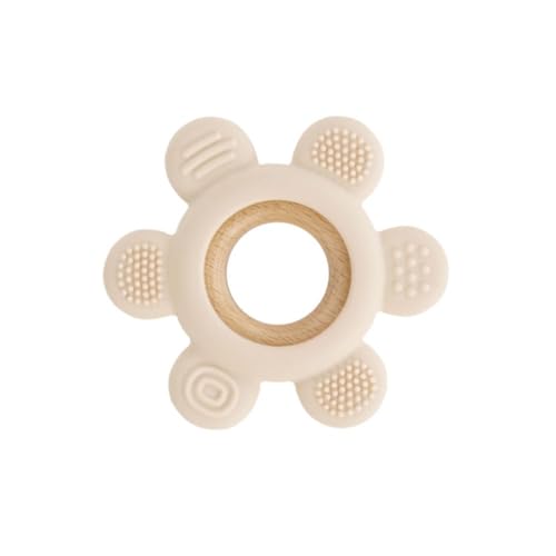 Jané Anneau de Dentition en Silicone et Bois, 6 Textures, Sans BPA, à partir de 3 Mois, Stérilisable, au Congélateur et au Lave-vaisselle, Couleur Beige