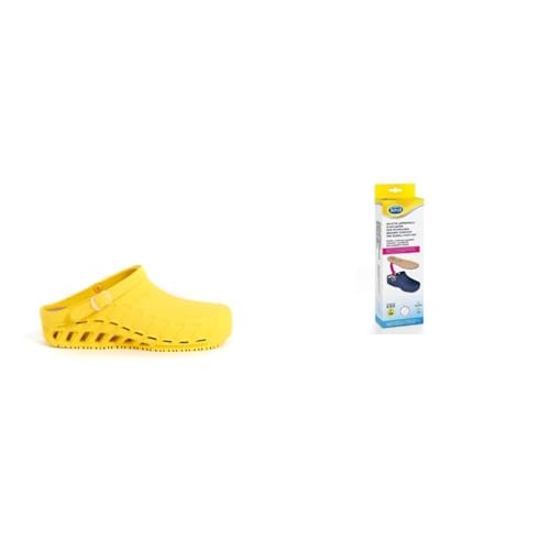 Scholl Clog EVO Amarillo + Plantillas Antiestáticas Memory Cushion para Clog EVO – Amarillo/Marrón