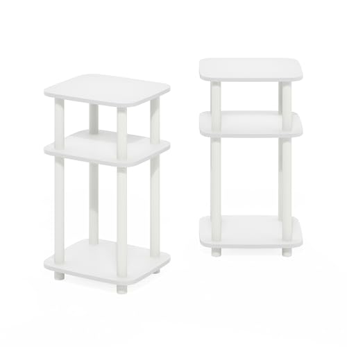 Image of Furinno JUST 3-Tier Telephone Table Set of 2, Turn-N-Tube Toolless Side Table with Open Shelf, Round Curve Corner Night Stand, Bedside Table, for Living Room, Bedroom, White