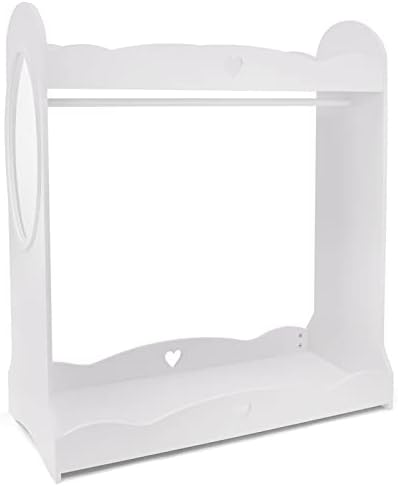 Jolitac Kids Dress up Storage Wardrobe Dress up Closet w/Mirror, Open Hanging Costume Organizer w/Hook,Top Shelf, Shoes Storage for Children Bedroom Girls Room Furniture White