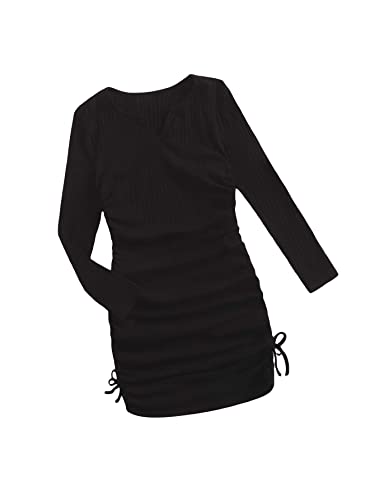 Oyoangle Girl's Long Sleeve Ribbed Knit Drawstring Side Ruched Bodycon Short Dress Black 11-12Y #TOP6