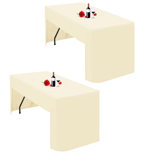 Confezione da 2 tovaglie beige aperte sul retro per tavolo pieghevole da 1,8 m, lavabile, tessuto di poliestere beige, tovaglia per fiere, feste, matrimoni, eventi