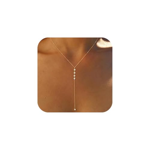 14K Gold Plated Y Necklace for Women – Dainty Lariat Long Pendant Chain, Layered Drop Necklace for V Neck Dress, Simple Sexy Cleavage Jewelry Gifts for Women (Gold - Single layer - Zircon)