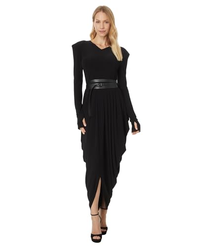 Norma Kamali Women's Ls Shoulder Pad V Neck Waterfall Dress to Midcalf