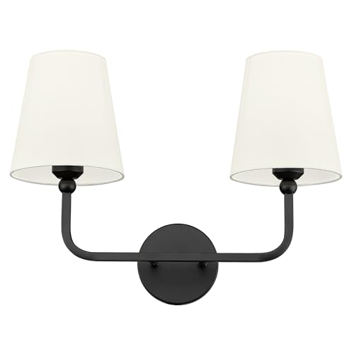 Image of 2-Light Bathroom Light Fixtures, Matte Black Vanity Lights, Double Wall Sconce with Beige Fabric Shade, Modern Sconces Wall Lighting for Hallway Bedroom Stairway, VL837-MB-B-2