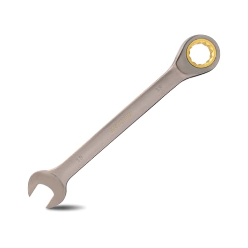 Image of Meccion Combination Wrench 19mm Metric Open End Ratcheting Wrench - Industrial Grade Gear Spanner with Grey Nickle Plated