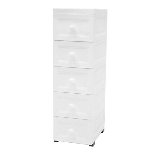 Cassettiera su ruote, armadietto laterale a 5 cassetti, armadietto da bagno, impermeabile, armadietto sottile per cassetti, 34 × 25 × 82 cm, per giocattoli per bambini, ufficio, soggiorno
