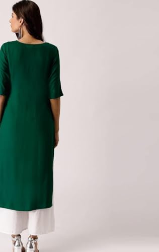 Image of Women's Elegant Green Embroidered Kurta with 3 /4 Sleeves, V-Neck Long Dress, Traditional Indian Wear