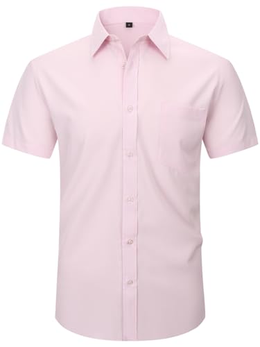 Lumilk Men Short Sleeve Dress Shirt Stretch Solid Casual Button Down Shirts with Pocket Regular Fit Pink S