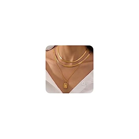 FUNEIA Layered Gold Initial Necklace for Women Trendy Dainty 18K Gold Plated Initial A-Z letter Pendant Necklace Stacked Layering Herringbone Flat Snake Chain Choker Necklaces Set Pack Jewelry Gifts Cover