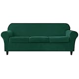 CONRUSER Stretch Sofa Slipcover, Soft Velvet Sofa Covers for 3 Cushion Couch Thick Furniture Protector for Pets & Kids (Green, L)