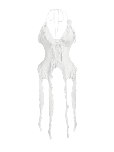 GORGLITTER Women's Y2k Ruffle Halter Tops Sexy Tie Front Backless Asymmetrical Goth Jellyfish Crop Camisole Top