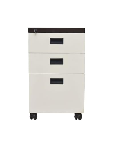Image of Shubham Furnitures 3 Drawer Steel Pedestal Cabinet | Lockable Powder Coated Filing Cabinet for Files, Documents & Stationery | Office Storage Unit (Brown, Pedestal with Wheels)