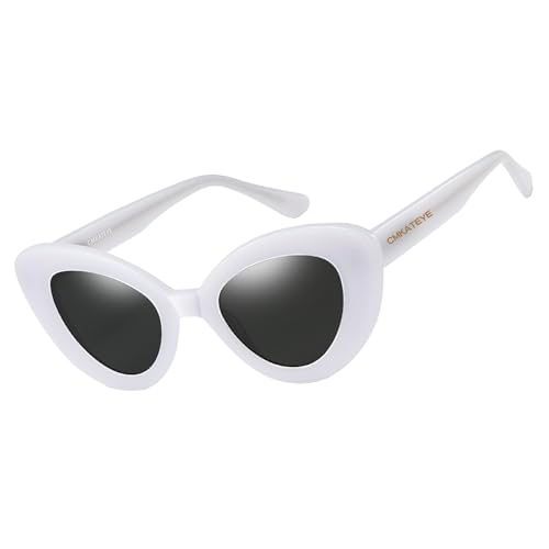 GMKATEYE Retro White Cat Eye Sunglasses for Women UV 400 Protection Trendy Cute Cateye Sun Glasses Womens 70S 80S 90S Stylish Shades for Party Holiday Driving