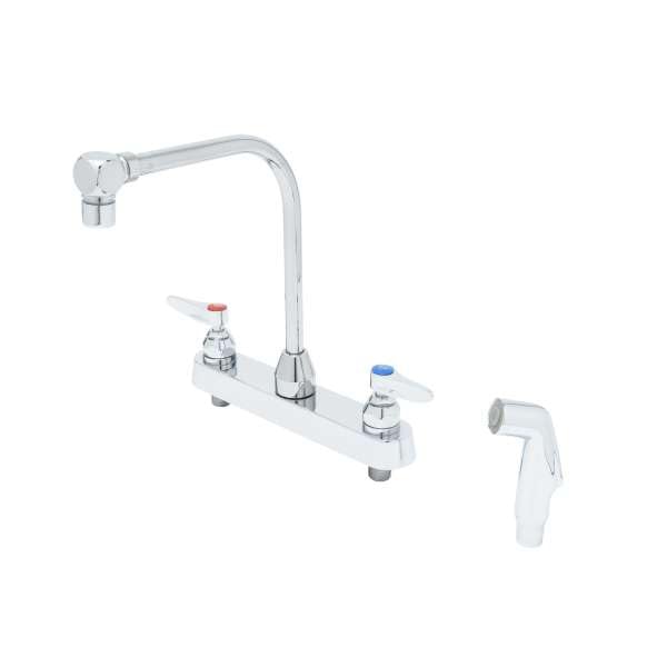 T&S Brass B-1173 Workboard Faucet, Deck Mount, 8" Centers, Swing Gooseneck, Aerator, Side Spray