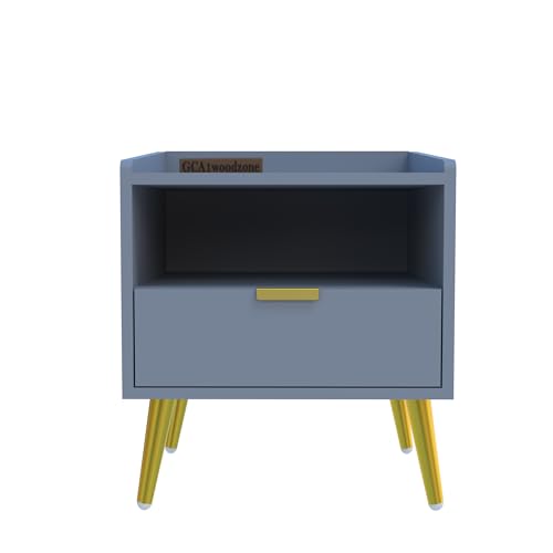 Image of Wooden Bedside Table for Bedroom | Wooden Bed Side Nightstand Lamp Table with 1 Drawers & Open Shelf Storage for Home & Hotels | HDMR Wood & Iron Legs, Matte Slate Blue | Pack of 2