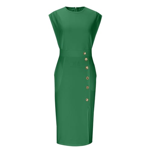 HGps8w Women's Wedding Guest Sheath Dresses Sleeveless Elegant Button Decor Side Slit Work Pencil Midi Dress with Pockets4