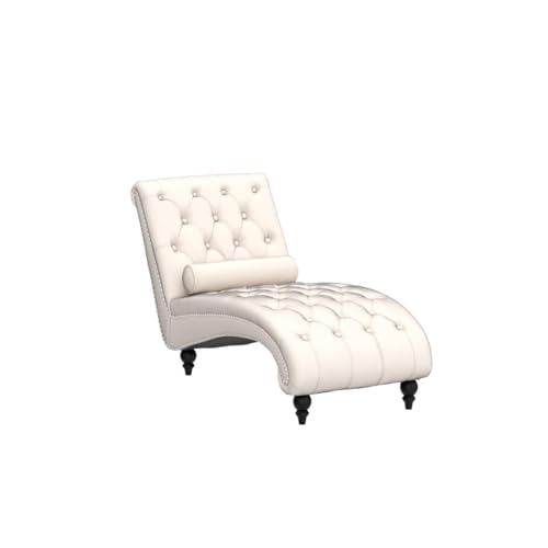 Chaise Lounge Chair Indoor, Modern Button Tufted Velvet Upholstered Leisure Accent Chair with Solid Wood Legs & Lumbar Pillow, Recliner Sofa Single Sleeper Sofa for Living Room, Bedroom, Beige