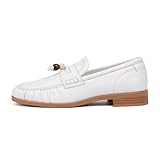VIUGJNEX Womens Loafers Comfortable Dressy Slip on White Flats Shoes Women Beaded Moccasins Ruched Toe Fuax Leather Penny Loafers for Women Business Casual Shoes Womens Size 7.5