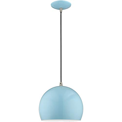 Black Friday - 60% OFF Livex Lighting 41181-74 Metal Shade - 10" One Light Mini Pendant, Shiny Baby Blue Finish with Shiny Baby Blue Metal/Shiny White Shade