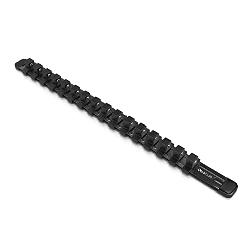 Olsa Tools Socket Organizer - 1/2-Inch Drive Socket Holder Rail - Black Aluminum Rail Stores 16 Impact or Chrome Sockets -Professional Grade Metric or SAE Socket Organizer - Part: 1022