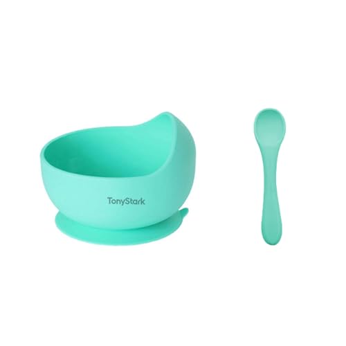 Image of TONY STARK Silicone Unbreakable Baby Bowl & Handle Spoon - Suction Design, Non-Slip, BPA Free, Dishwasher & Microwave Safe (Cyan, 2 Piece Set)