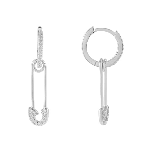 Cute CZ Safety Pin Small Dangle Drop Cuff Cartilage Hoop Earrings for Women Sensitive Ear Sterling Silver Post Huggie Hinged Hoops Personalized Crystal Minimalist Crystal Dangling Lightweight Fashion Dainty Hooped Jewelry Gifts Bff Birthday Daughter