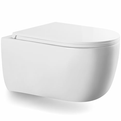 LARDECOR   WC Inodoro de Cerámica Suspendido | 530x365x365 mm | Váter con Sistema Rimless Antibacterias, Tapa Dura Extrafina UF Amortiguada y Ahorro de Agua (Blanco)