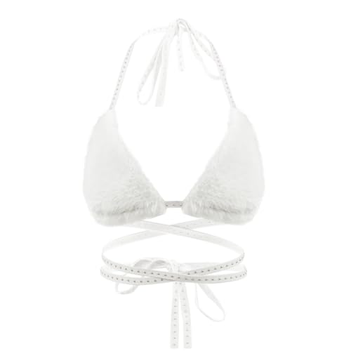 Women Furry Bra Top Deep V Sexy Strappy Halter Crop Top Bikini Backless Crop Tank Top Rave Party Dance Hot Clubwear
