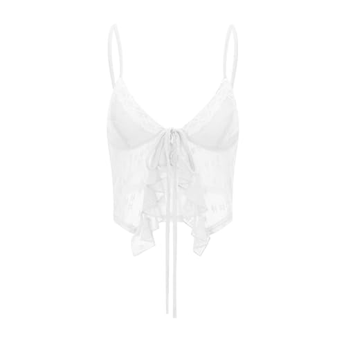 Women Sexy Tie Front Crop Top Y2k Spaghetti Strap Lace Tank Flowy Going Out Vest Tops Split Cute Cami Shirt3