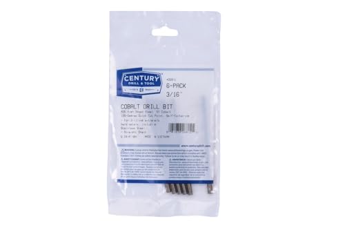 Image of Century Drill & Tool 26812 Cobalt Drill Bit, 3 /16 inch, Pro Pack of 6 | Straight shank, 3-1 /2 inch overall length, 135 point, cuts stainless steel, hard metals & metal