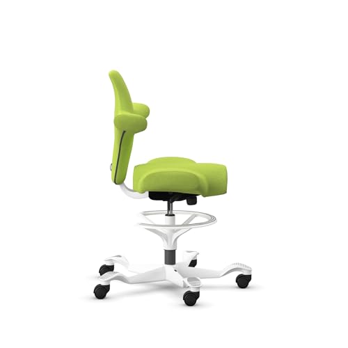 Image of HAG Capisco Sit to Stand Chair-White Frame-Upholstered Bright Green-with Foot Ring