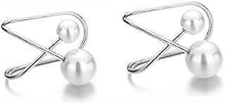 Dainty Pearl Ear Cuffs Wrap Earring Sterling Silver Plated Cross Criss Cartilage Fake Helix Huggie Hoop Earrings Non Piercing Minimalist Jewelry Charm Gift for Women Girls Birthday Girlfriend 2PCS