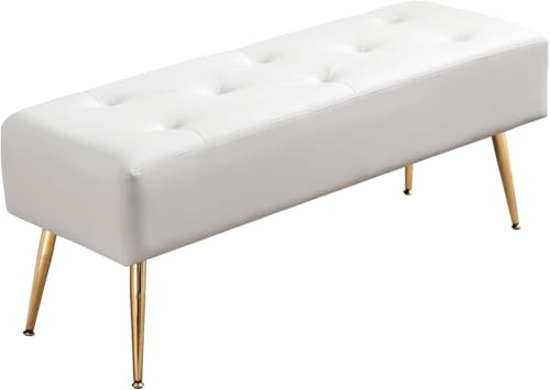 Image of Modern Upholstered Tufted with Gold Metal Legs | White Faux Leather Ottoman Upholstered for Bedroom, Living Room & End of Bed Seating | Accent Furniture with Padded Cushion Seat | White