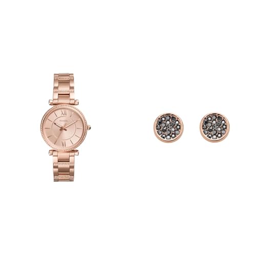 FOSSIL Damen Carlie Roségoldfarbene Edelstahl Uhr und Messing Ohrringe, Set