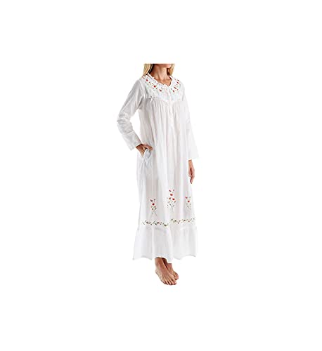 La Cera Women's 100% Cotton Woven Long Sleeve Long Gown 1181A M White #TOP18