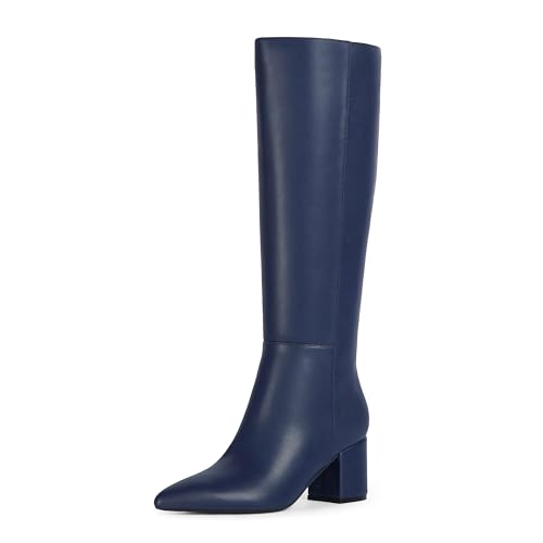 Easyfox Knee High Boots Women Chunky Heel Navy Boots for Women Low Heeled Tall Long Leather Fall Boot Pointed Toe Dress Block Heel Knee High Boot Size 7.5