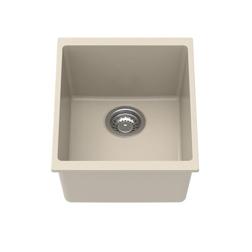 Image of Carysil DOLCE UK Quartz Kitchen Sink 15 x 18 x 8 inches, Single Bowl, 80% Quartz & 20% Resin, Heat Resistant 300C, 50kg Load, Scratch & Stain Resistant, Granite Sink, 304 SS Coupling - Cream