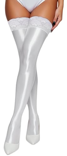 FEOYA Women's Shiny Thigh High Stockings Sheer Oil Silicone Lace Top Glossy Metallic Shimmery Over Knee Socks for Party Club White