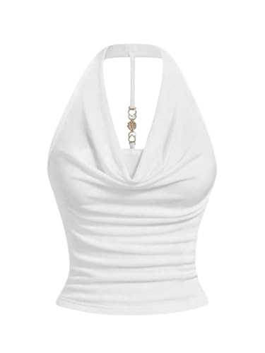 Milumia Women Ruched Halter Y2k Crop Tops Backless Cowl Neck Sleeveless Shirts