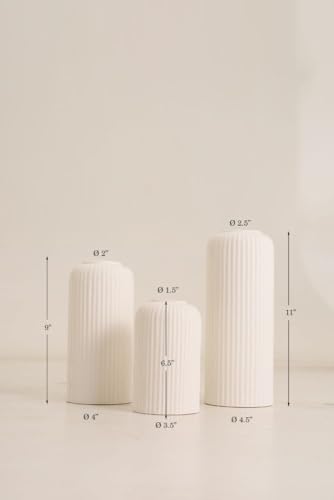 Image of PUREZENTO Elegant White Ribbed Texture Ceramic Vase - Set of 3 | Vases for Home Decor Centerpiece or Showpiece Living Room, Bedroom | Vase for Pampas Grass, Dried & Artificial Flowers